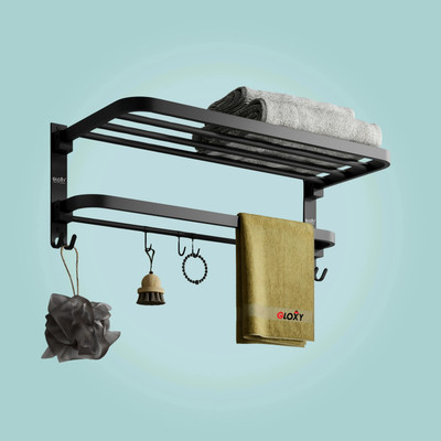 GLOXY Elegant Foldable Bathrrom Towel Rod/Holder/Hanger/Shelf With Hooks And Hanger Stainless Steel Toilet Paper Holder