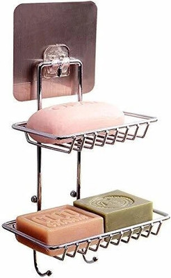 Premsakhi Wall Mounted Double Layer soap Dish Holder Stainless Steel Wall Hanging Soap with Hook(Silver)