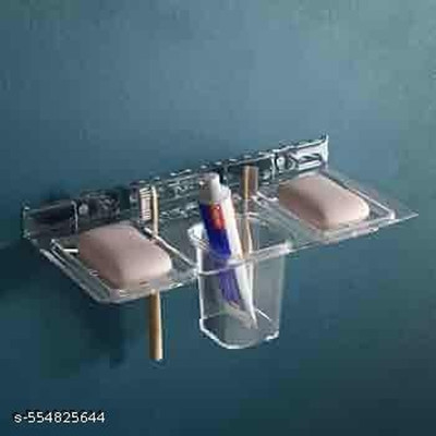 MAHADEV INDUSTRIES ABS 4-in-1 Wall Shelf with Soap Dish, Tumbler & Brush Holder – Unbreakable(White)