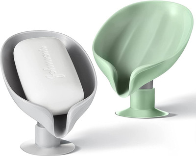 Shreejee Pack of 2 Leaf Shaped Self Draining Suction Cup Soap Dish x2.82(Random Colour)