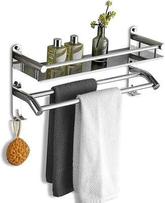 GLOXY Wall Mount Stainless Steel Single Layer Shelf Rack with Towel Rod for Bathroom(Silver)
