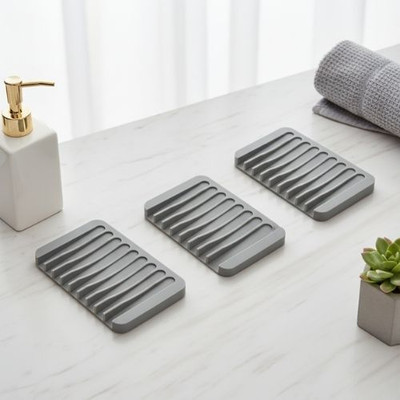 Ramkuwar ilicone Soap Holder, Soap Dish Stand Saver Tray Case for Shower, Silicone Dishes for Bathroom Kitchen Counter Sink for Bar Soap Sponge, Keep Soap Bars Dry and Clean. Pack of 3 Grey(Black)