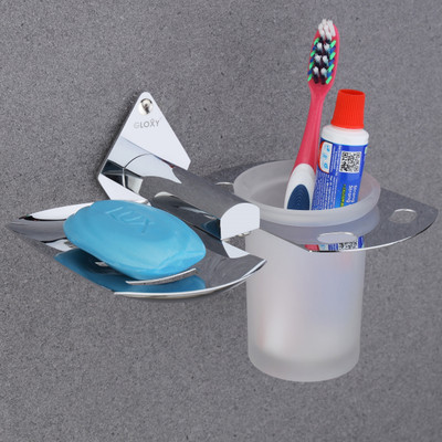GLOXY 2 in 1 BathroomSet - WallMounted Soap Dish & Toothbrush Stand, Durable & Stylish(Silver)