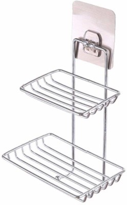 HVG TRADERS SS 2 LAYER BATHROOM SOAP HOLDER SHOP Wall Mounted Double Layer soap Dish Holder Stainless Steel Wall Hanging Soap Storage Rack for Kitchen Bathroom-with Self Adhesive Magic Sticker (Silver) (Silver) (Pack Of 1)(Silver)