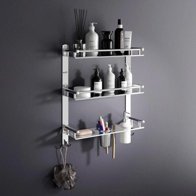 GLOXY Premium 3 Layer Bathroom Shelf with Soap Dish & Liquid Dispenser/Tumbler Holder(Silver)