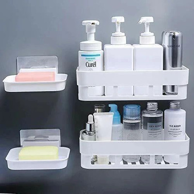 KYASO Pack of 4 Wall Mount Bathroom Shelf and Soap Rack for Home and Kitchen. Adhesive Sticker Support Without Drilling. (2 Bathroom Shelf + 2 Soap Dish, White Color)(White)