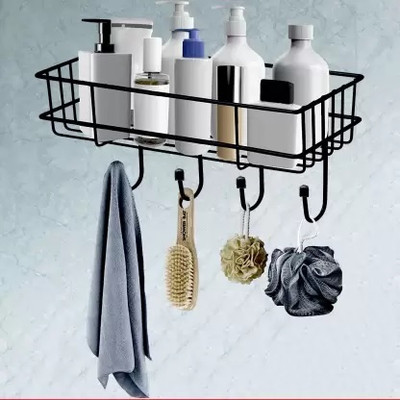 MY International Multipurpose Rack Towel Holder with 4 Hook Iron Wall Shelf(Black)