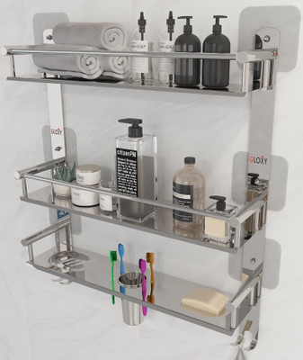 GLOXY Magic Sticker 3 Layer Bathroom Shelf with Double Soap Dish & Toothbrush Holder(Silver)