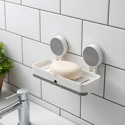 RAWAT Self Adhesive Wall Mounted Double Soap Holder with Drain Tray Kitchen(White)