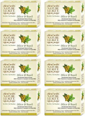 Nature League OLIVE & BASIL,Natural Handmade Hydrating Soap with Goat Milk,SLS & Paraben Free(8 x 100 g)