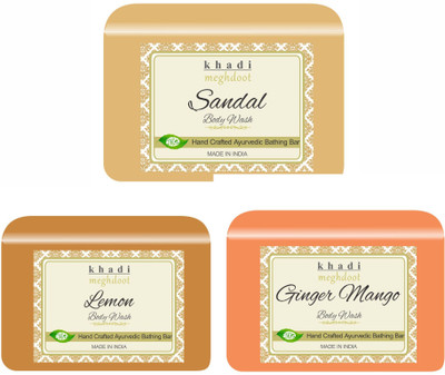 KHADI MEGHDOOT Sandal, Lemon and Ginger Mango Organic Homemade Body Wash/ Refreshing Soap(3 x 125 g)