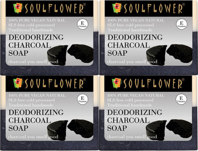 Soulflower Deodorizing Charcoal Handmade Soap For Moisturizing Skin, Pimple Control(4 x 150 g)