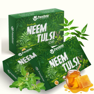 pureayur Handmade & Natural Organic Tulsi Neem Soap with Honey & Shea Butter Set of 3(3 x 100 g)