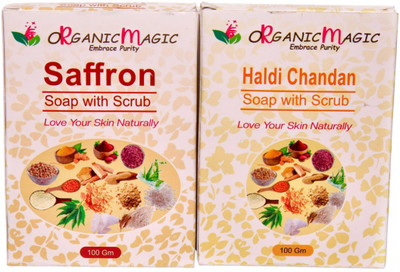 oRganicMagic Saffron, Haldi Chandan Scrubbing soap|14 Natural Ingredients|Detan|Natural Glow(2 x 100 g)