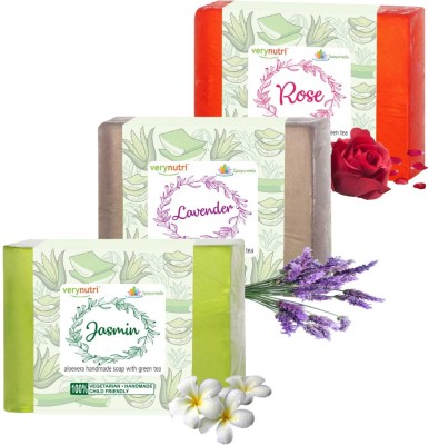 Verynutri Aloe vera Handmade Soaps combo (100g x 3) - Made from Oils of Coconut, Palm, Castor and Fortified with Aloevera & Green Tea(3 x 100 g)