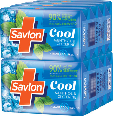 Savlon Cool Soap, With Menthol & Glycerin, Bathing Soap, For All Skin Types, 120g x8(8 x 120 g)