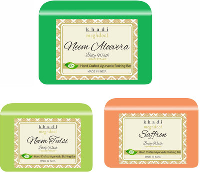 KHADI MEGHDOOT Neem Aloevera, Neem Tulsi and Saffron Organic Handmade Body Wash/Soap(3 x 125 g)