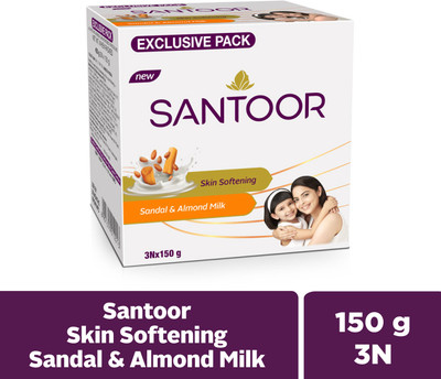 Santoor Skin Softening Sandal & Almond Milk Bathing Bar Soap For Soft and Youthful Skin.(3 x 150 g)