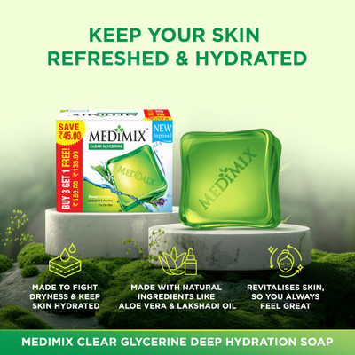 MEDIMIX Clear Glycerine - Deep Hydration Bathing Bar - Buy 3 Get 1 | For Dry Skin(4 x 100 g)