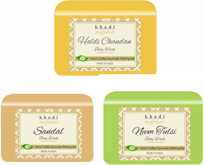 KHADI MEGHDOOT Haldi Chandan, Sandal and Neem Tulsi Organic Homemade Body Wash/ Refreshing Soap(3 x 125 g)