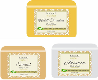 KHADI MEGHDOOT Haldi Chandan, Sandal and Jasmine Organic Homemade Body Wash/ Refreshing Soap(3 x 125 g)