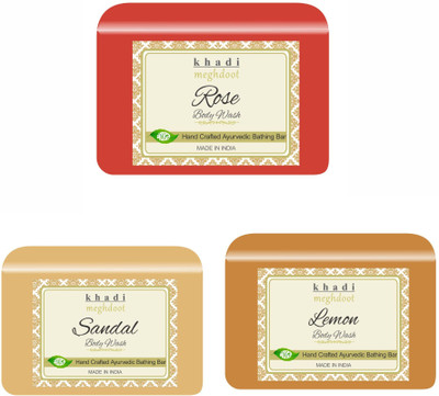 KHADI MEGHDOOT Rose, Sandal and Lemon Organic Handmade Body Wash/Soap(3 x 125 g)