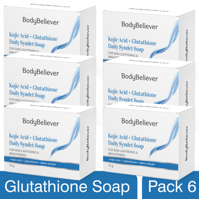 BodyBeliever Skin Lightening Soap with Kojic Acid, L-glutathione & Arbutin Daily Syndet Soap(6 x 75 g)