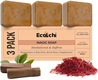 ECOLCHI Magic Soap Sandal Wood And Saffron for Tan Removal and Skin Brightening(3 x 100 g)
