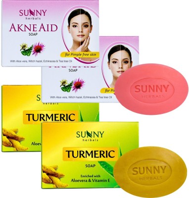 Sunny Herbals Akne Aid Soap-(75gmx2 pcs) and Turmeric Soap-(75gmx2 pcs)(4 x 75 g)