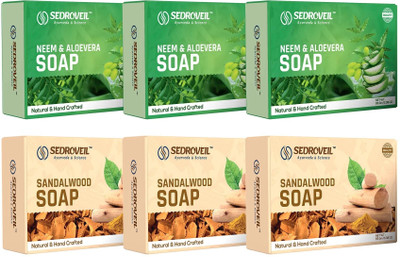 SEDROVEIL Natural Bath Soap Set – 3 Neem Aloe Vera Soap+ 3 Sandalwood Soap | Total 6 Soaps(6 x 95 g)