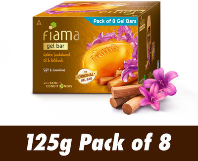 FIAMA Gel Bar Soap Combo, Golden Sandalwood Oil & Patchouli, 125gx8,For Glowing Skin(8 x 125 g)