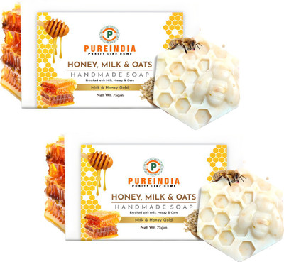 pureindia Handmade Milk Honey Oats Golden Glow Softening Creamy Soap Bar Pack Of 2(2 x 75 g)