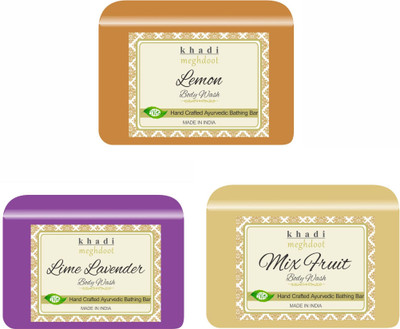 KHADI MEGHDOOT Lemon,Lime Lavander and Ginger Mango Organic Handmade Body Wash/Soap(3 x 125 g)
