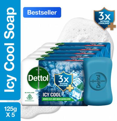 Dettol 3X Icy Cool Bathing Soap for Men & Women, Face, Body & Hands, Combo for Summer(5 x 125 g)
