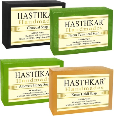 HASTHKAR Handmades Charcoal, Neem Tulsi Leaf, Aloevera Honey and Kesar Haldi Soap 100gm(4 x 100 g)