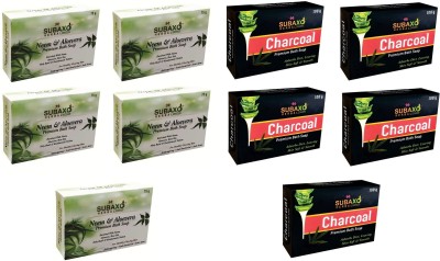 Subaxo Herbal Neem Aloevera 5 Pc Each 75 G & Charcoal Beauty Soap 5 Pc Each 100 G(10 x 87.5 g)