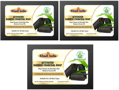 Bhudevam Naturals Khadi Charcoal Soap for Bathing Removes Excess Oil and Impurities(3 x 125 g)