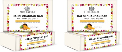 Pink Square Handmade Haldi Chandan Bathing Soap Moistures & Glowing Skin Pack of 2 of 100gms(2 x 100 g)