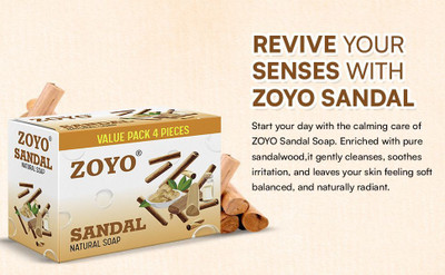 zoyo Natural Sandal Soap with Sandalwood Extracts for Smooth & Glowing Skin – 100 g(4 x 31.25 g)