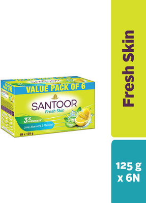 Santoor Fresh Skin Aloe Vera & Lime Bathing Bar Soap For Soft & Youthful Skin(6 x 125 g)
