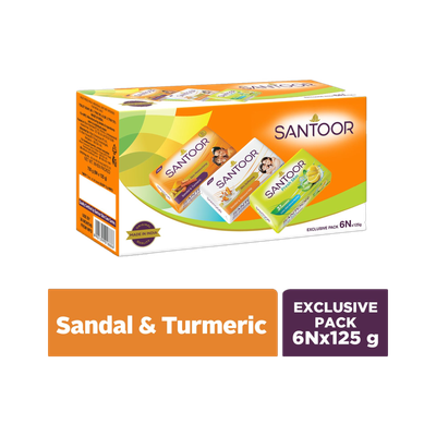 Santoor Total Skin Care- Aloe Vera & Lime, Sandal & Almond Milk, Sandal & Turmeric Soap(6 x 125 g)