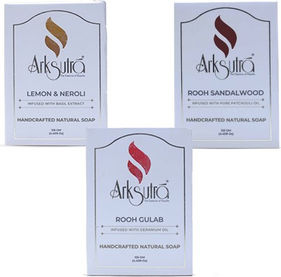 ARKSUTRA Combo of Handcrafted Soap-Lemon & Neroli, Rooh Gulab, Rooh Sandalwood (375g)(3 x 125 g)