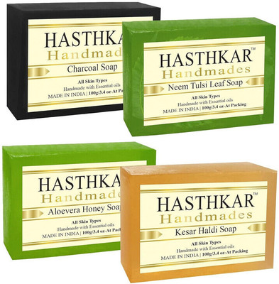 khadi india Bypurenaturals Hasthkar Charcoal + Neem Tulsi Leaf + Aloevera Honey + Kesar Haldi Soap(4 x 100 g)