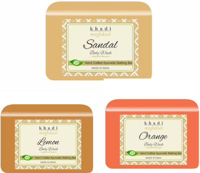 KHADI MEGHDOOT Sandal, Lemon and Orange Organic Homemade Body Wash/ Refreshing Soap(3 x 125 g)