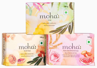 Moha Multi Soap Pack | Herbal Soap, Rose & Almond Soap and Scrub Soap (Pack of 3)(3 x 100 g)