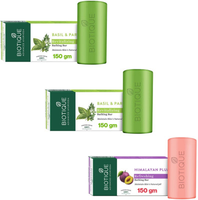 BIOTIQUE Bathing Bar 150g - Basil & Parsley -2pcs & Himalayan Plum (Pack of 3)(3 x 150 g)