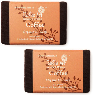 RUSTIC ART Organic Coffee Soap |Handmade|Cold Processed| Exfoliating Scrub | Tan Removal, Anti Acne | Fresh Coffee Aroma|Pack of(2 x 100 g)