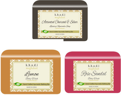 KHADI MEGHDOOT Activated Charcoal,Rose Sandal and Lemon Fragrance Pure/Natural Body Wash(3 x 125 g)