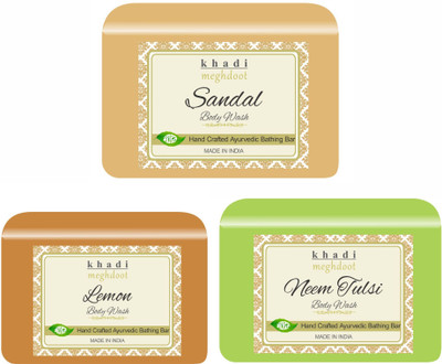 KHADI MEGHDOOT Sandal, Lemon and Neem Tulsi Organic Homemade Body Wash/ Refreshing Soap(3 x 125 g)