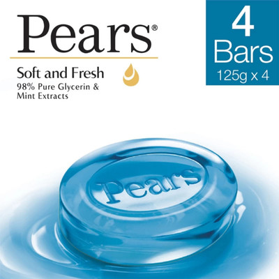 Pears Soft and Fresh Soap Bar Glycerin and Mint Body Soaps - Pack of 4(4 x 31.25 g)